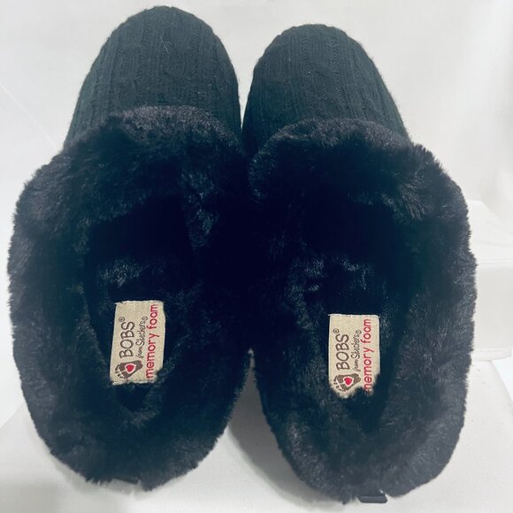 Bobs Skechers Memory Foam Women's Clog Slip On Slippers-Faux Fur/Black Knit-Warm - Picture 8 of 15